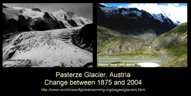 Glaciar Pasterze, Austria - Alterações entre 1875 e 2004 - Imagem de autor desconhecido